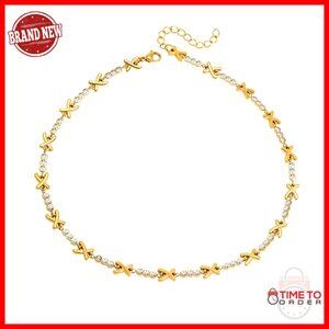 Gold-Plated XO Choker Necklace with Cubic Zirconia, Adjustable Length